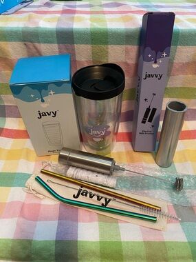 Stainless Steel ElectricMilk Frother & Travel Tumbler & Rainbow Straws